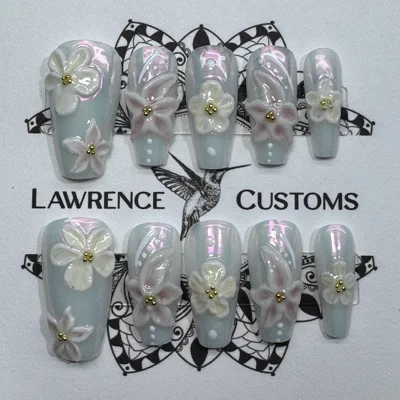 Nail Set - Opal Pink Chrome 3D Sculpted Flowers