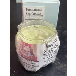 Money spell candle with green crystals, frankincense & myrrh