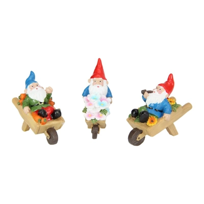 Gnome sitting in wheelbarrow 8cm title=