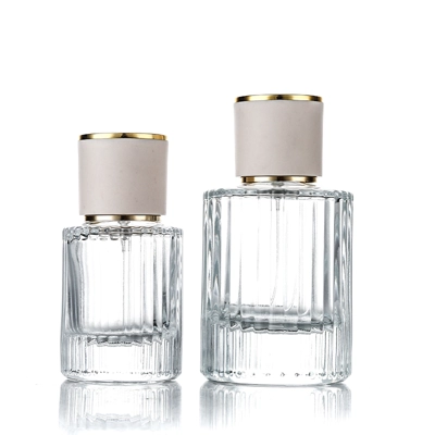 50ml Vertical Stripes Empty Glass Perfume Spray Bottle White/Gold Cap title=