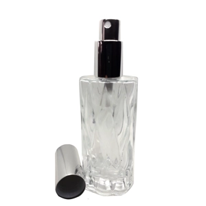 60ml Clear Tall Glass Oval Bottle with Diamond Design and Silver Atomiser Spray