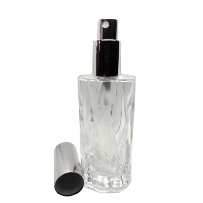 60ml Clear Tall Glass Oval Bottle with Diamond Design and Silver Atomiser Spray title=