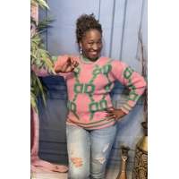 Chenille Embossed Crew neck Pink & Green Sweater