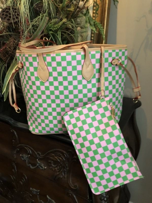 Pink & Green Checkered Handbag or Backpack