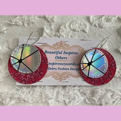 holographic Round circle light Weight faux leather dangle earrings