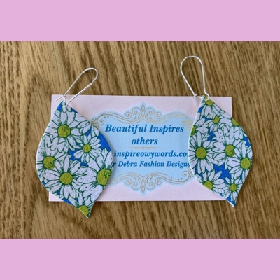 White Daisy Flower Design Light Weight Faux Leather Dangle Earrings