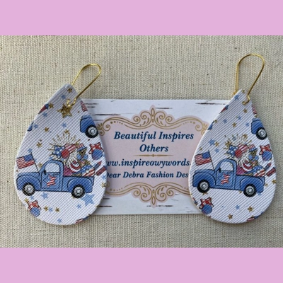 Fourth of July pick up truck light Weight faux leather dangle Earring