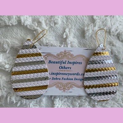 Gold Silver Stripe Design Light Weight Faux Leather Dangle Earrings