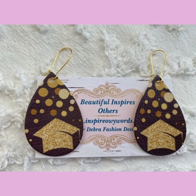 Graduation gold hat light Weight faux leather dangle earrings