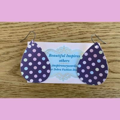Purple with colorful polka dots Light Weight Faux Leather Dangle Earrings Purple with colorful polka dots Light Weight Faux Leather Dangle Earrings