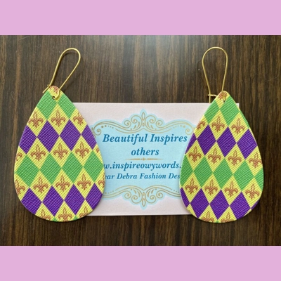 Mardi Gras Saints Light Weight Faux Leather Dangle Earrings 2.5” In Length