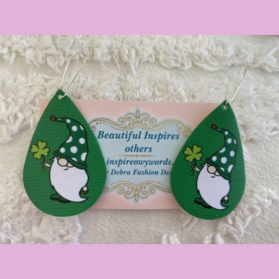 Gnome holding a four leaf clover Weight Faux Leather Dangle Earrings