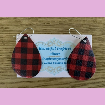 Buffalo Plaid Black And Red Light Weight Faux Leather Dangle Earrings