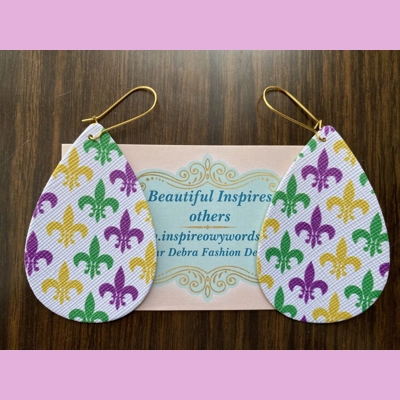 Saints Mardi Gras Light Weight Faux Leather Dangle Earrings 2.5 inch Length