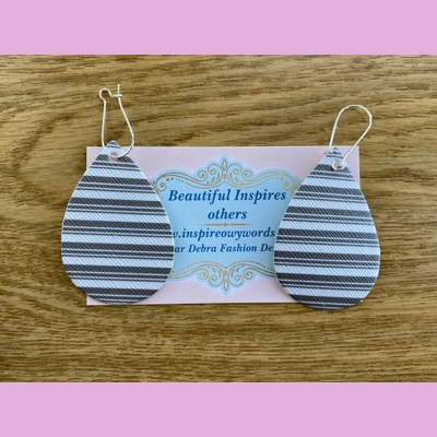 White And Grey Stripes Light Weight Faux Leather Dangle Earrings