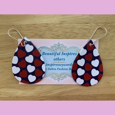 Hearts Design Red, White And Blue Light Weight Faux Leather Dangle Earrings