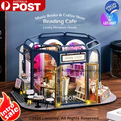 1:24 DIY Dollhouse Miniature Kit with Furniture Plus LED Lights Reading Cafe