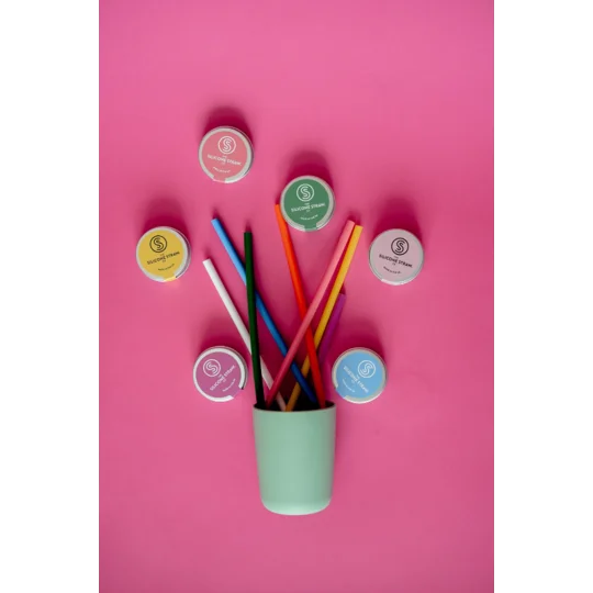 Set of colorful reusable silicone straws neatly arranged in a compact travel case