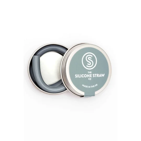 Grey reusable straw in a tin