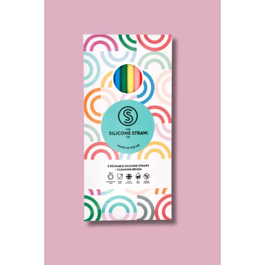 A pack of reusable colourful silicone straws. The packet has a white background and is really colourful
