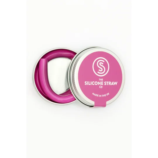 A violets silicone straw in a tin