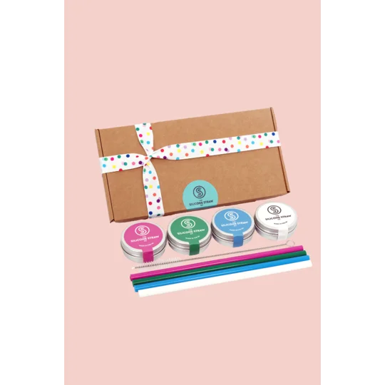 A gift set for eco conscious people. Silicone straws in travel tins in a branded gift box