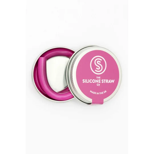 Violet reusable silicone straw inside a carry tin