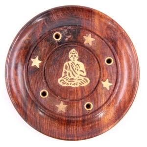Sheesham Wood Round Ashcatcher Incence Burner with Buddha Inlay