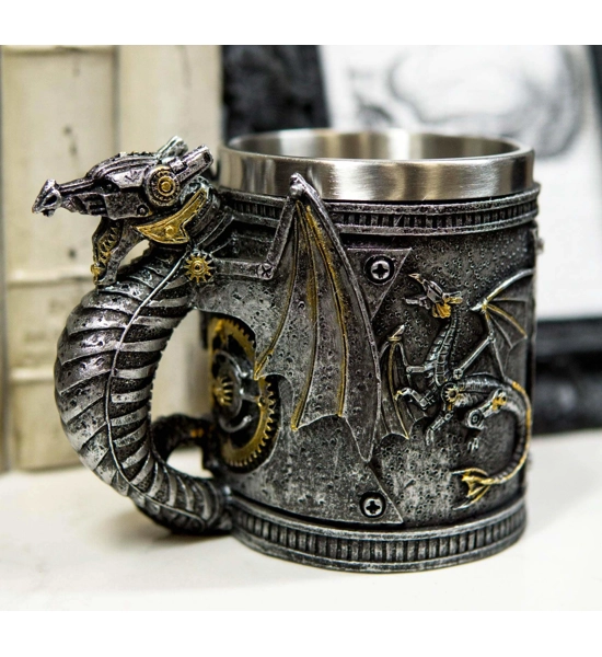 TANKARD SILVER FIREWHEEL CYBORG DRAGON BEER STEIN