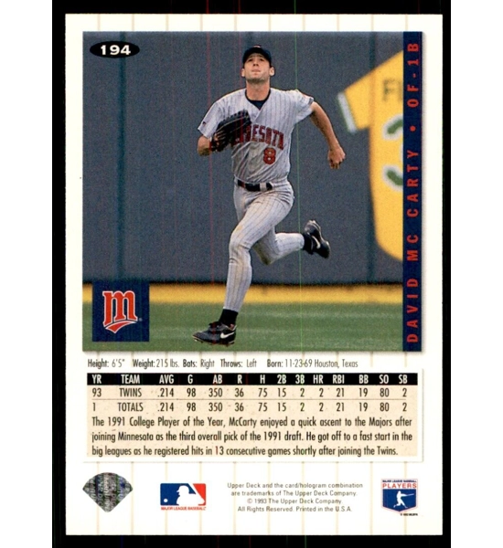 CARD DAVID MCCARTY UPPER DECK COLLECTOR'S CHOICE