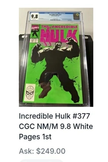 COMIC INCREDIBLE HULK 377 1ST WHITE 9.8