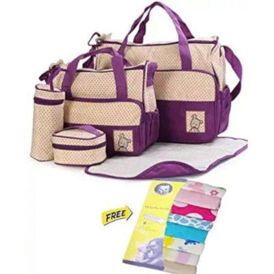 Generic 5 in 1 set Purple Baby Diaper Bag + comes With Free Wash Lothes