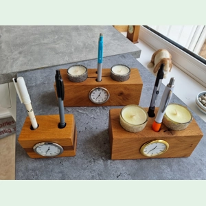 Handmade Oak Table Desk Quartz Clock Candles Pen Holder Paperweight Desk Tidy