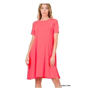 Zenana Women Short Sleeve Large Midi Knee Length Dress w/ Side Pockets Pink Zenana Women Short Sleeve Large Midi Knee Length Dress w/ Side Pockets Pink