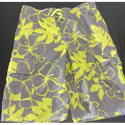 XL Boys Swim Trunks, Grey w/Yellow Hawaiian Print
