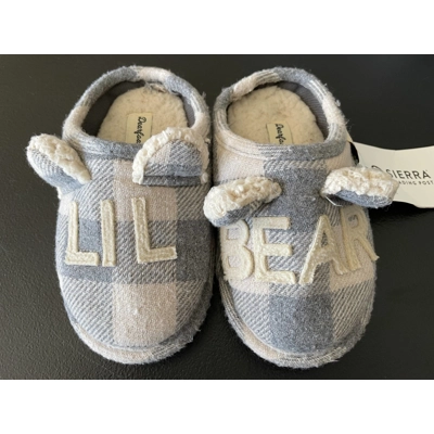 7/8 Toddler Boys Slippers, Blue Plaid, Lil Bear