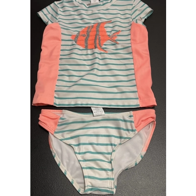 S Girls 2pc Swimsuit, Teal & White Striped, Sequin Fish