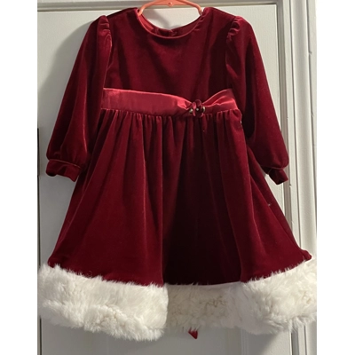 2T Girls Christmas Dress, Red Velour w/Faux Fur Trim