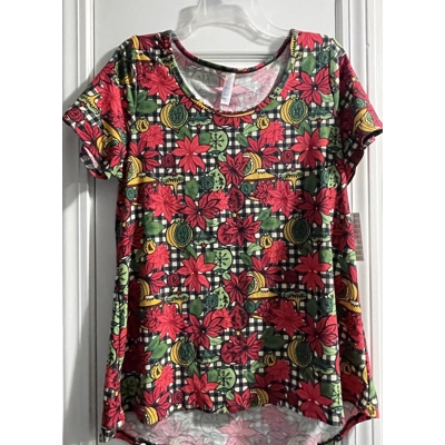 L Womens T-Shirt, Black Plaid w/Poinsettia