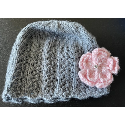 Teen Girls/Womens Knit Hat, Grey w/Pink Flower
