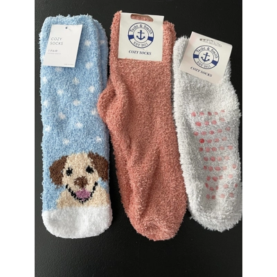 9-11 Womens Cozy Socks 3pk, Blue w/Puppy, Gray, Dusty Rose