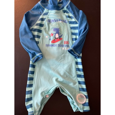 3-6M Boys Rash Guard Swimsuit, Aqua & Blue, T-Rex Surfing