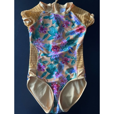 10/12 Girls Bathing Suit, Orange, Hawaiian Floral