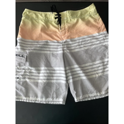 36 Mens Board Shorts, White, Yellow & Orange Striped