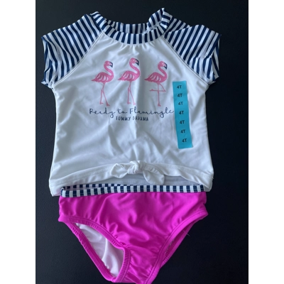 4T Girls 2pc Bathing Suit, White & Magenta, Flamingo