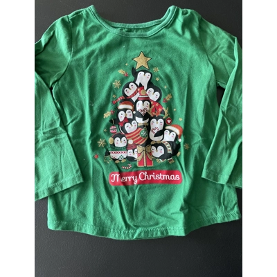 3T Girls Long Sleeve Shirt, Green, Penguin Christmas