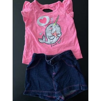 9m Girls Summer Outfit, Pink w/Narwhal, Jean Shorts