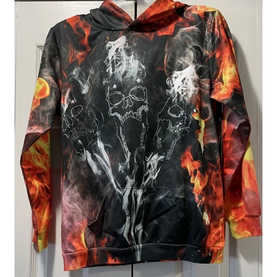 XL Boys Hoodie, Black, Red Flames, Skulls