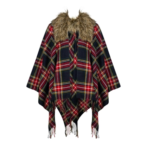 Faux fur collar Tartan navy check cape