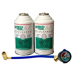 REDTEK A/C Refrigerant 6 oz cans & Installation Hose w/Gauge - 2 Cans